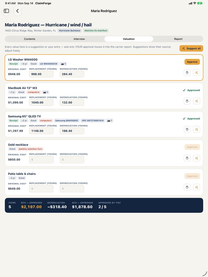 ClaimForge&rsquo;s valuation screen with line items approved and a claim total.