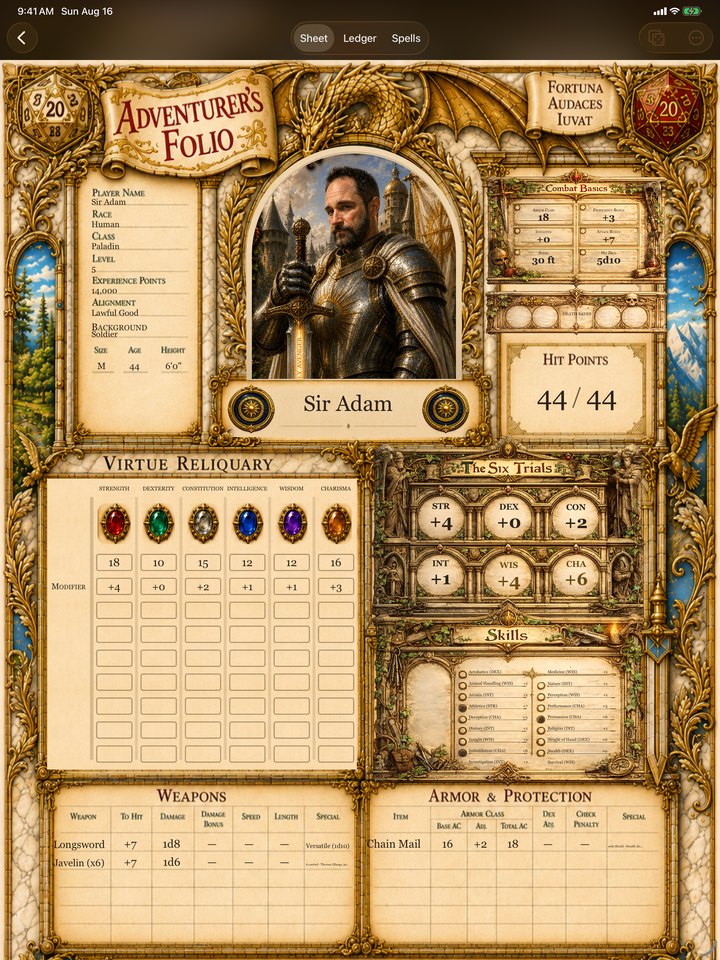 The Adventurers Folio character sheet for Sir Adam, an illuminated page with portrait and stats.