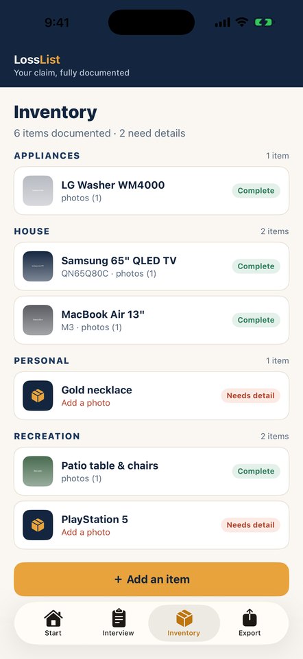 LossList showing a documented contents inventory: appliances, house, personal and recreation items.