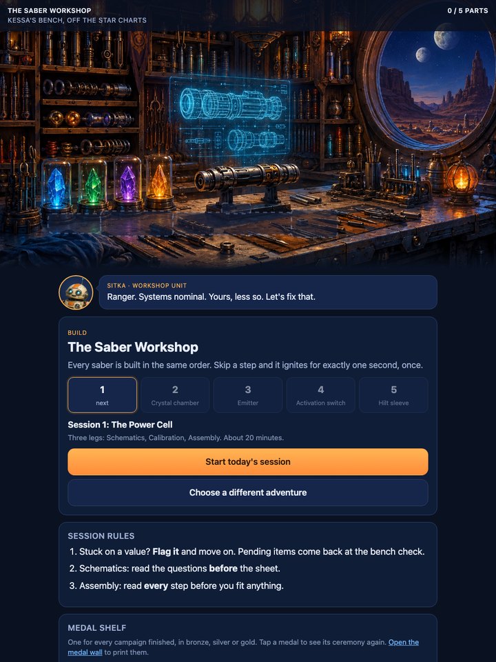 Odyssey&rsquo;s Saber Workshop campaign: a lit workbench of crystals and parts, with the week&rsquo;s five sessions listed below it.