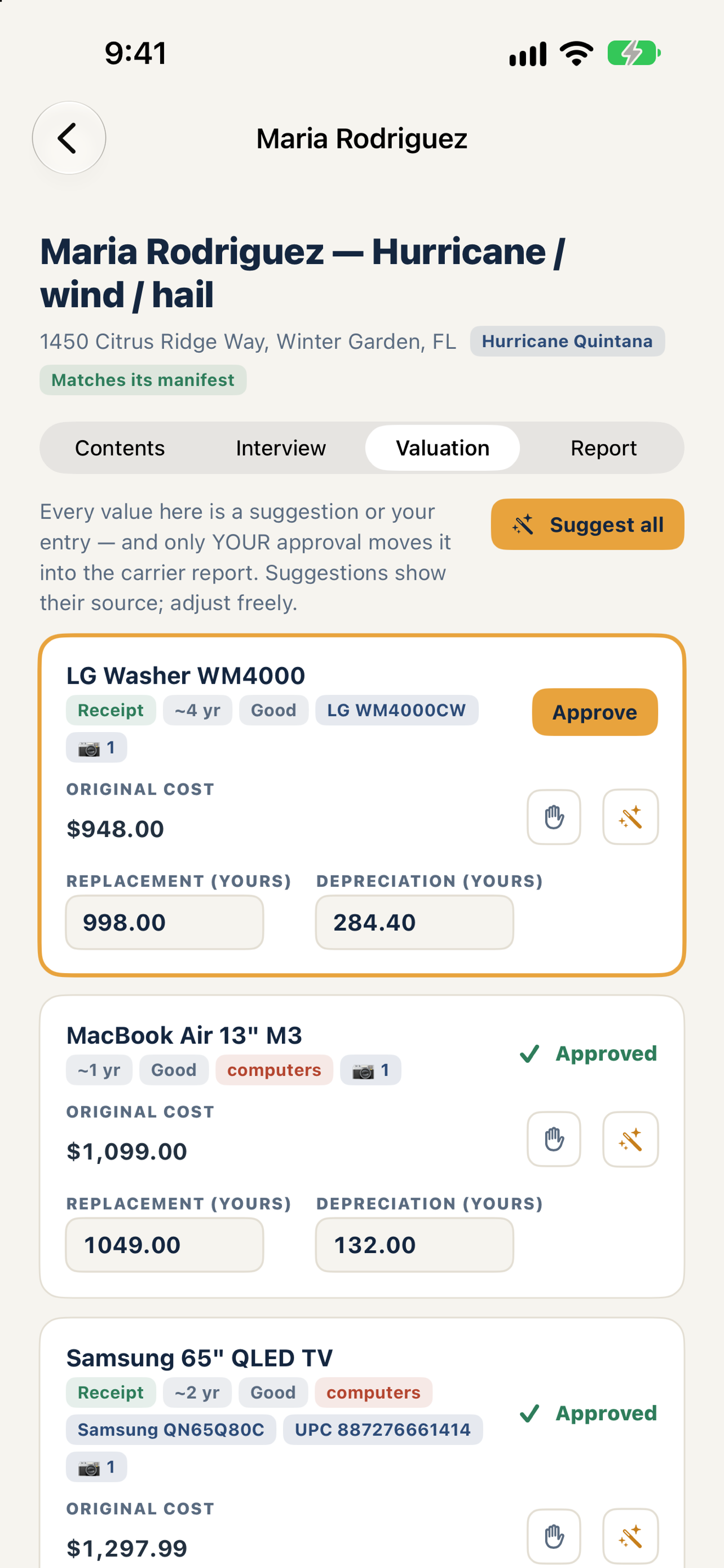 ClaimForge valuation screen with sourced suggestions awaiting approval