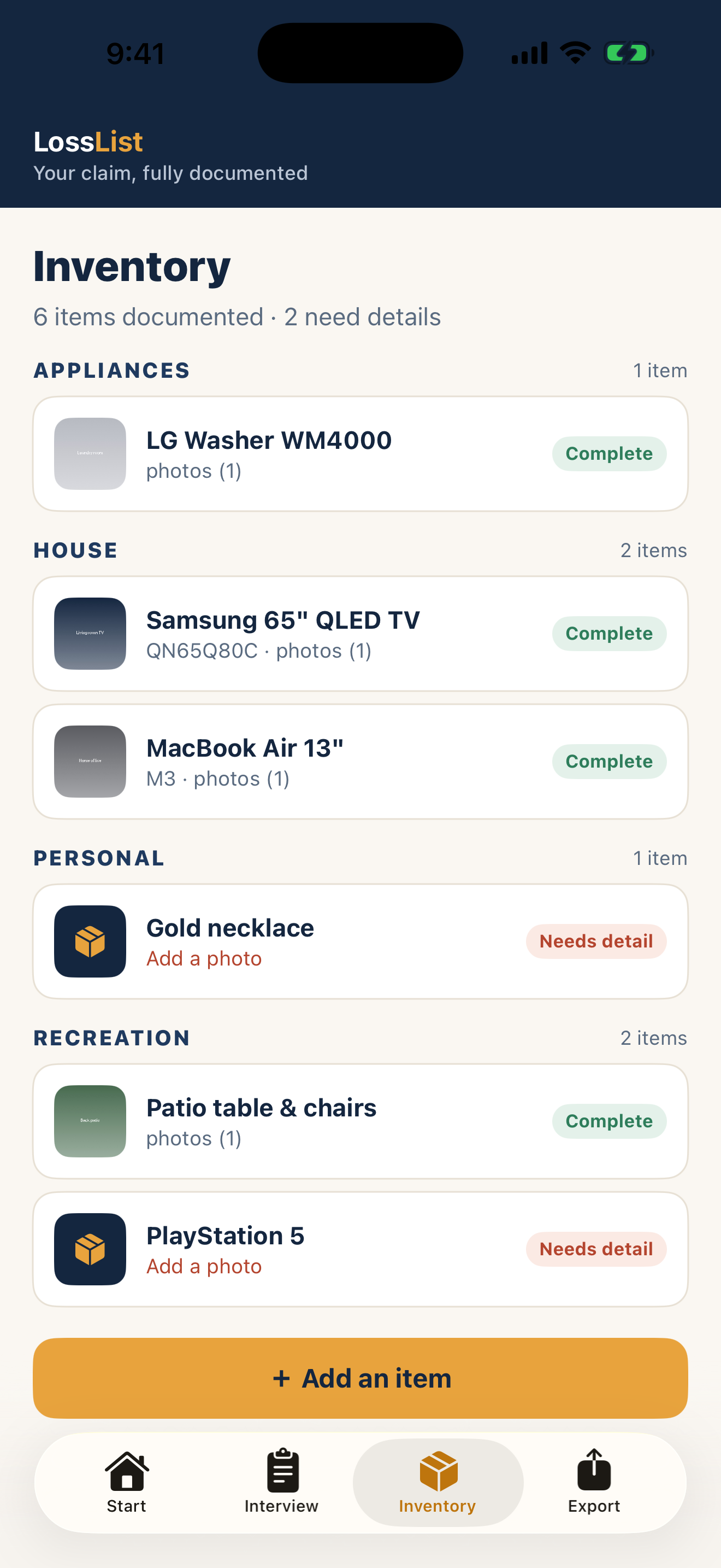 LossList inventory screen listing documented items by category