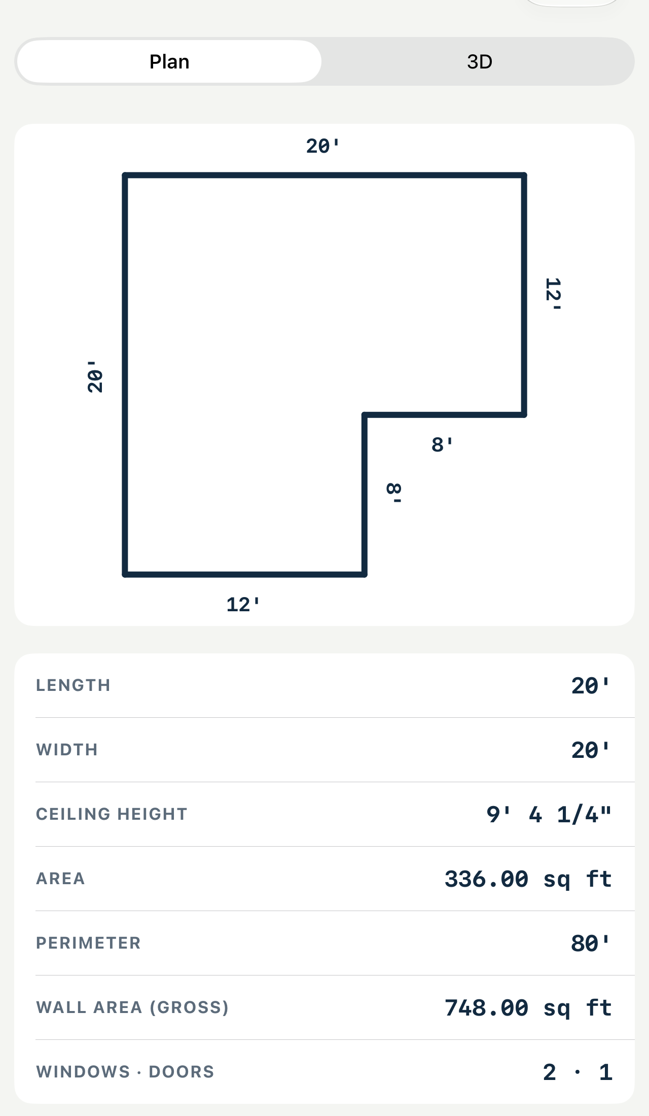 The full-screen plan, with a Plan and 3D toggle above it. The same L-shaped room, then a table: length 20 feet, width 20 feet, ceiling height 9 feet 4 and a quarter inches, area 336.00 square feet, perimeter 80 feet, wall area gross 748.00 square feet, windows 2, doors 1.