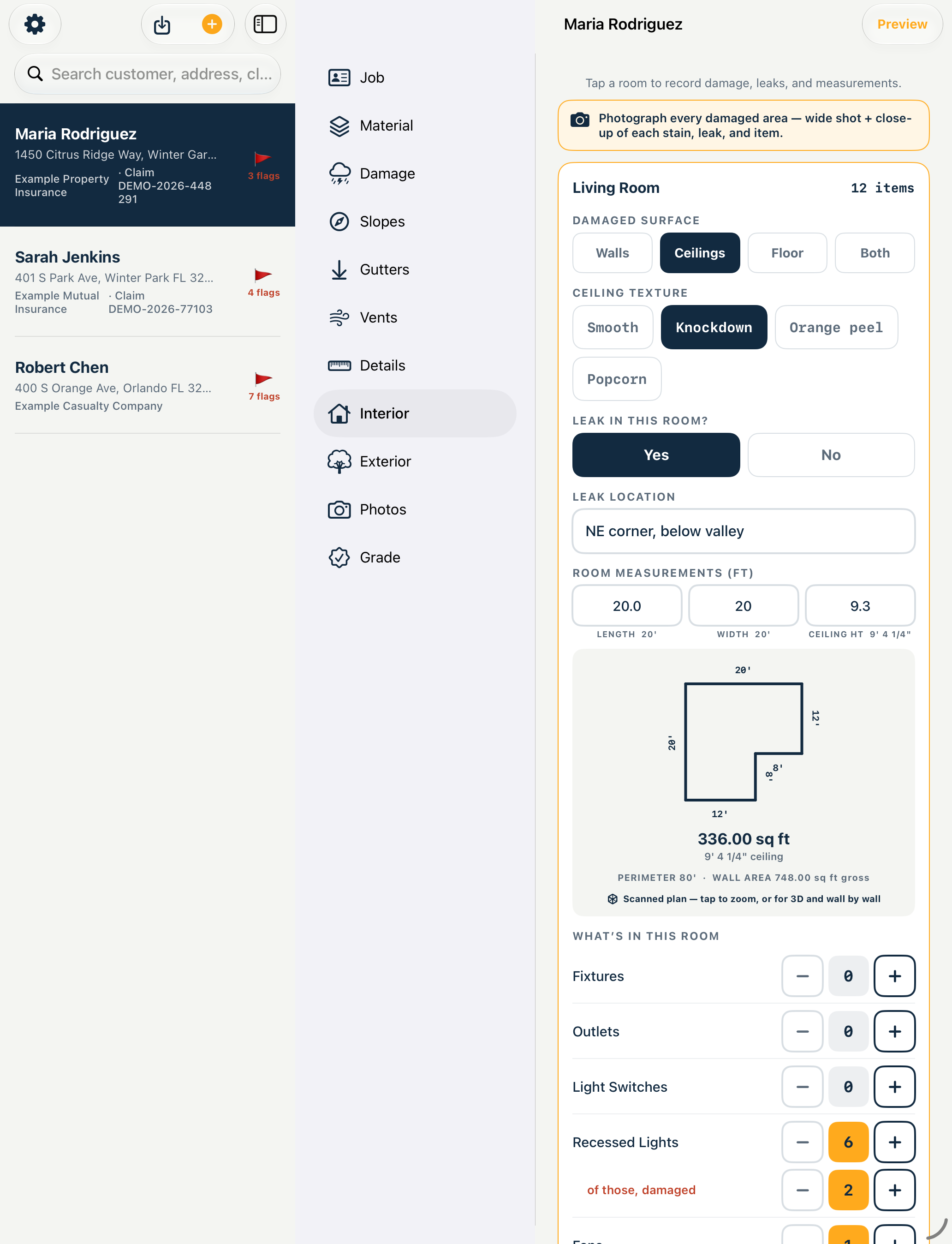 The same room on iPad: the report list on the left, the eleven inspection sections down the middle, and on the right the open Living Room with its damaged surface, ceiling texture, leak location, the scanned plan with its area and perimeter, and the counts of what is in the room.