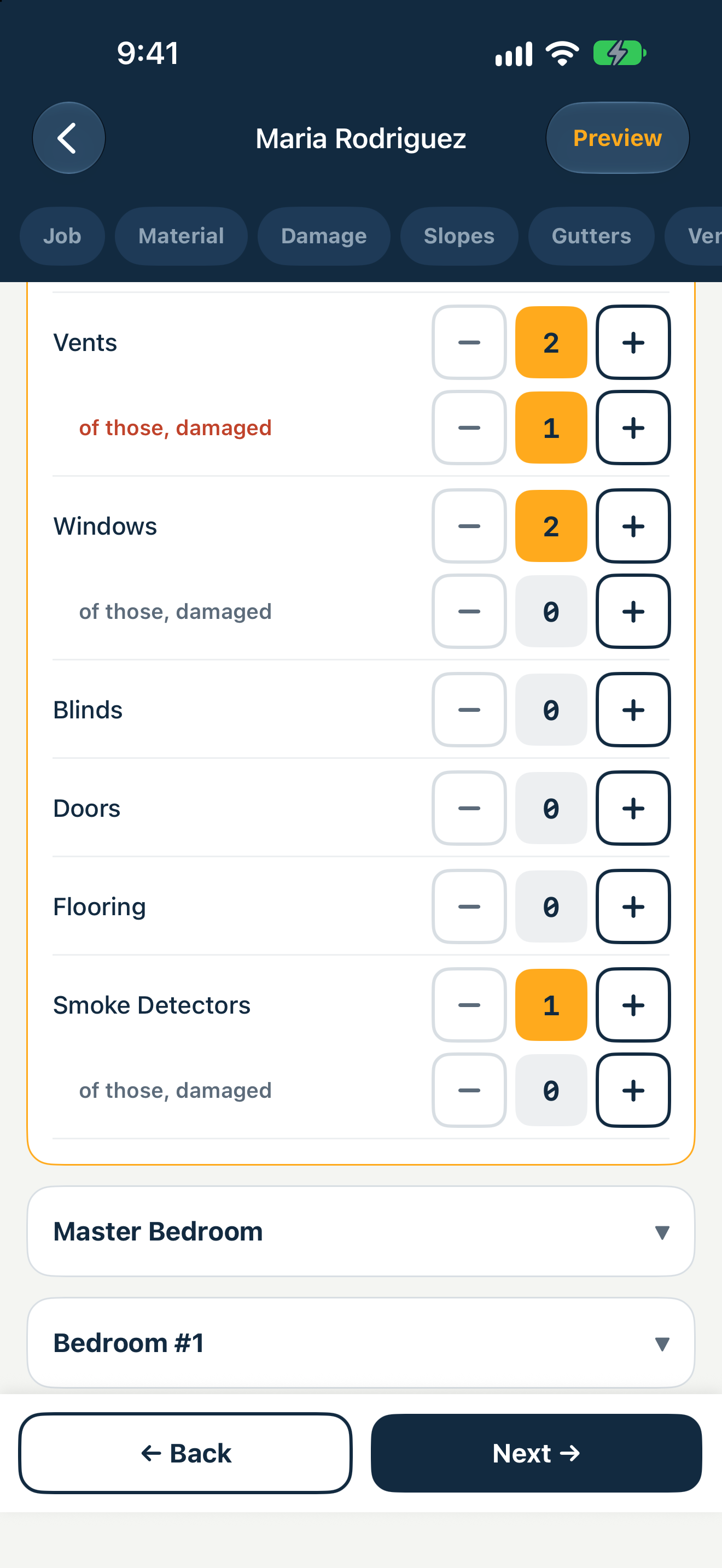 The interior counting screen on iPhone. Vents shows 2, and an indented red row beneath it reading of those, damaged shows 1. Windows shows 2 with none damaged; blinds, doors and flooring show zero; smoke detectors shows 1.