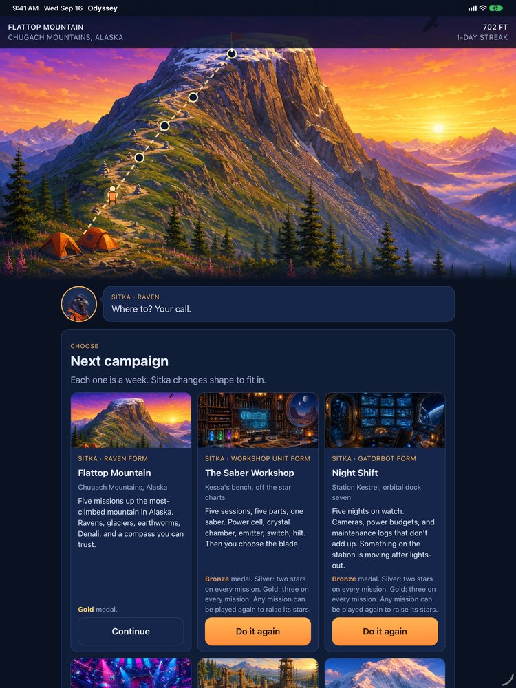 Odyssey&rsquo;s campaign chooser showing several adventures, each with its own artwork and guide form.
