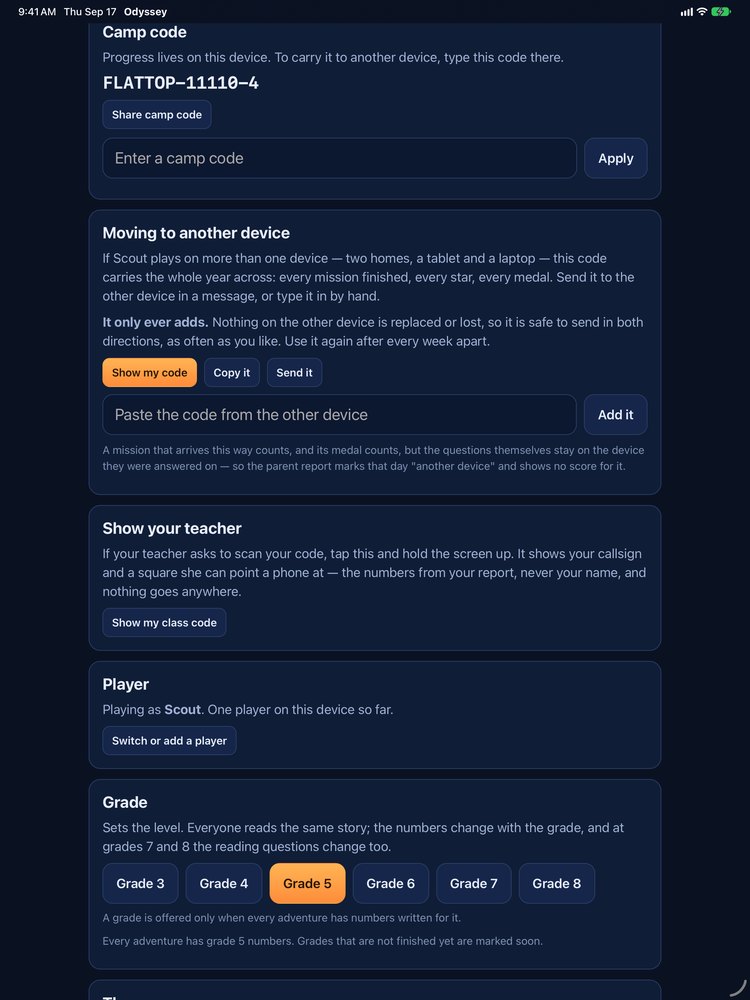 Odyssey&rsquo;s Settings screen, showing &ldquo;Moving to another device&rdquo;: a button to show the code, one to copy it, and a box to paste in a code from another device.