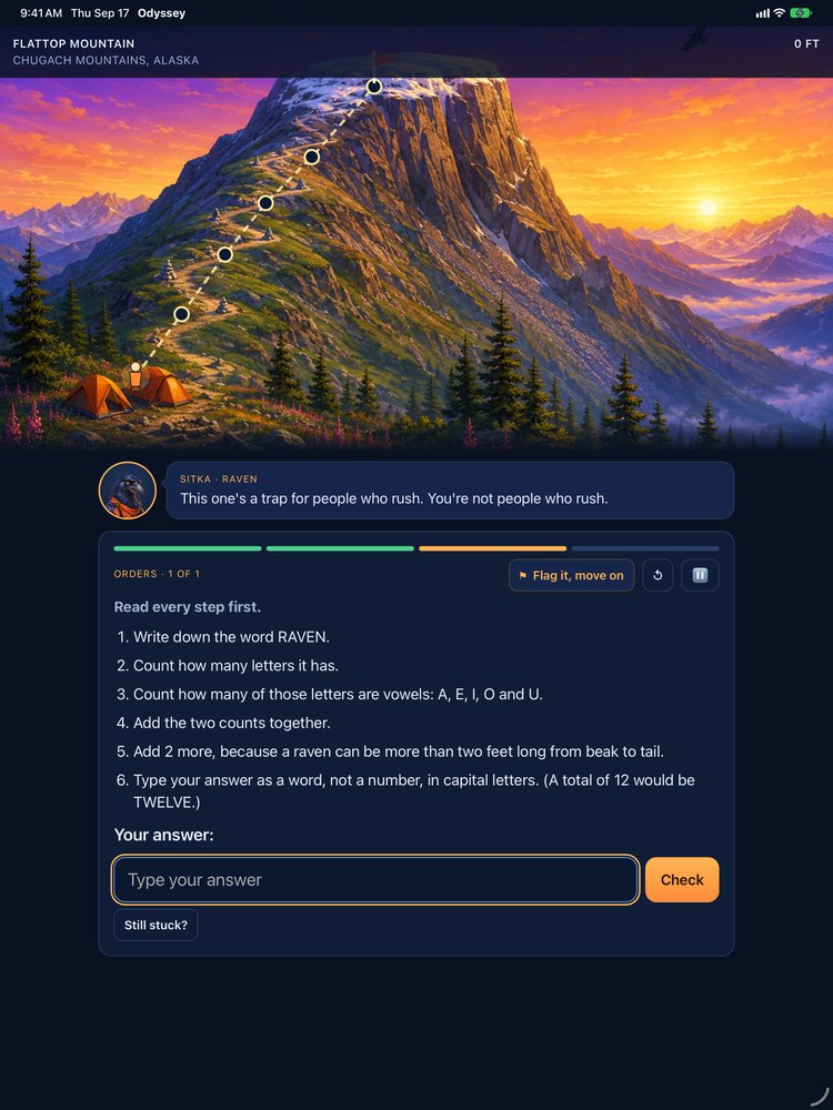 A follow-the-steps task in Odyssey: six numbered steps to read before starting, with a box to type the answer.