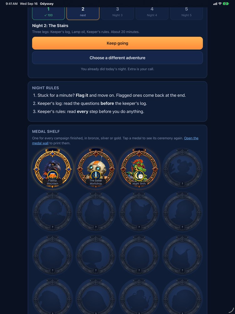 The Odyssey medal shelf below a mission card: three medals earned so far, the rest of the year still waiting.