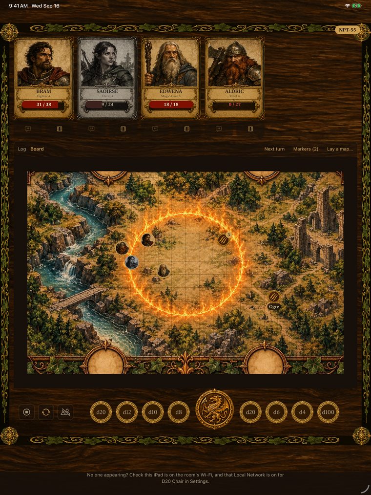 The Chair: the full party on the board, four heroes on the rail and their tokens on the map.