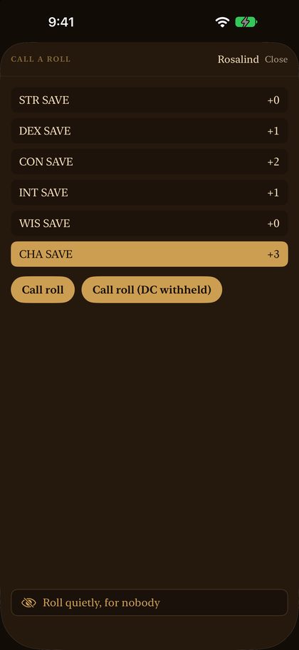 The Chair's Call a roll sheet with CHA SAVE +3 selected.