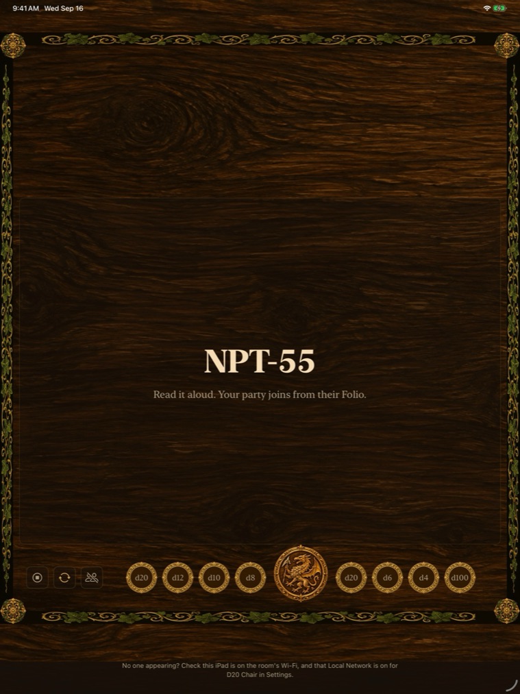 The Chair gathering a table: the code NPT-55 in large type, read it aloud.