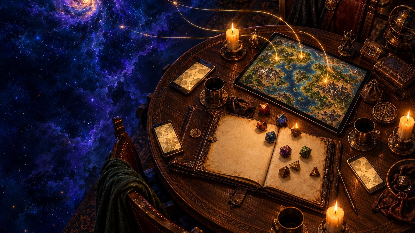 A table seen from above by candlelight: an open folio, dice, cards and a lit map, under a night sky.