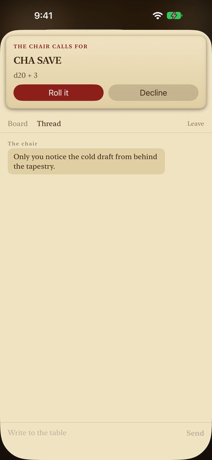The player's phone: The Chair calls for CHA SAVE, d20 + 3, with Roll it and Decline.