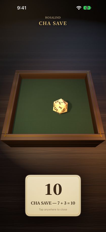 The player's 3D dice roll: CHA SAVE, 7 plus 3 equals 10.
