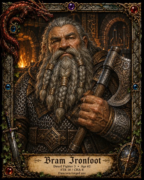 Bram Ironfoot, an older dwarf fighter with a braided gray beard and a war axe.