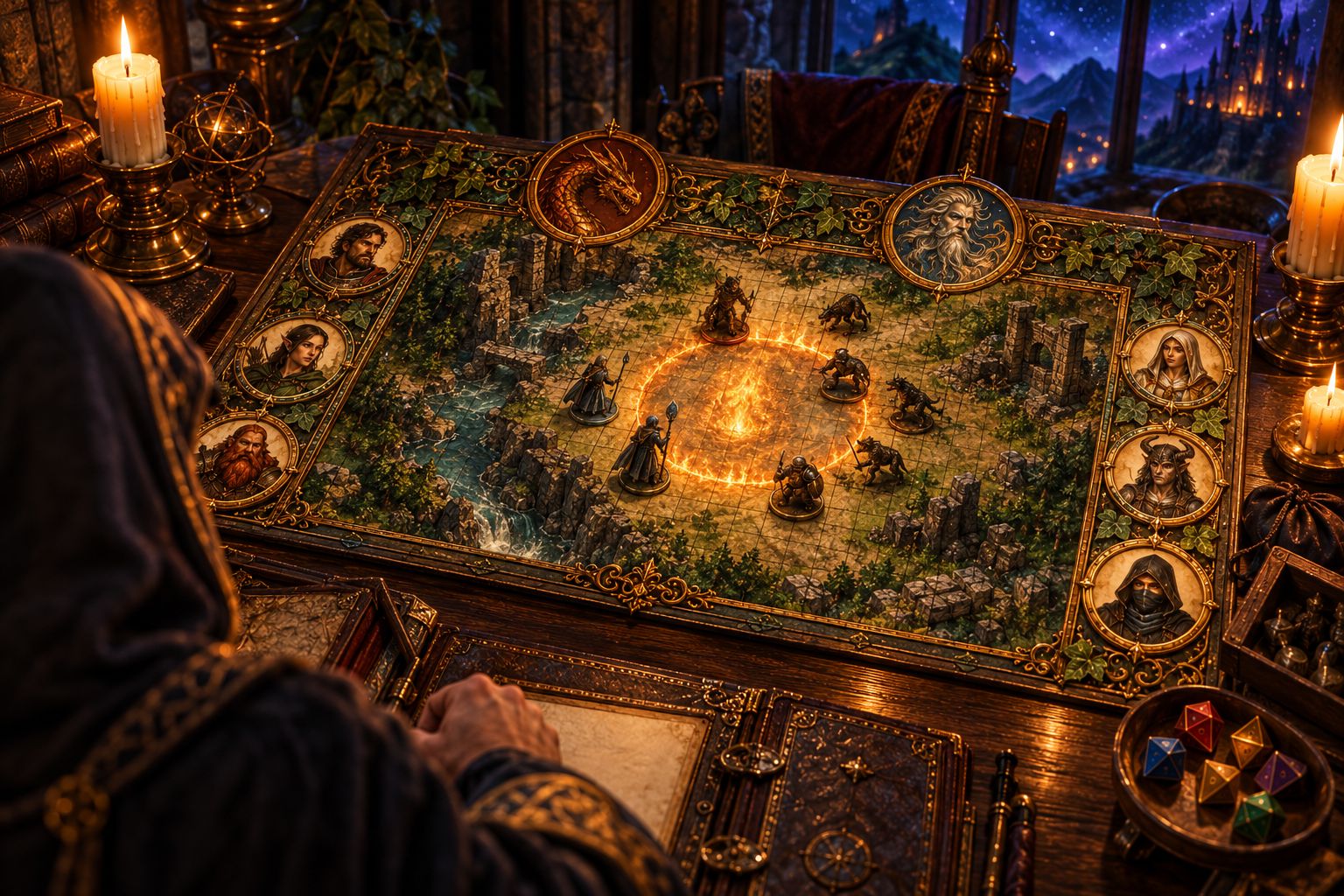 Over a Game Master's shoulder: a lit map board with hero portraits ranged down both sides.
