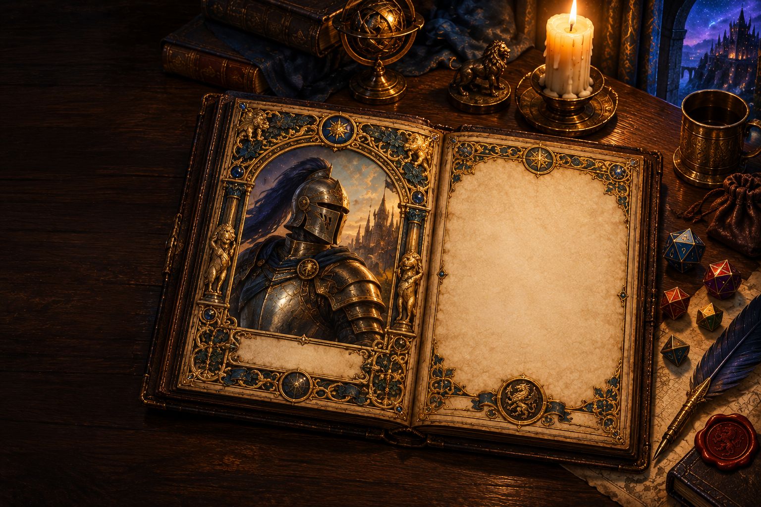 An open folio on a desk by candlelight: a knight painted on the left page, the right page blank.